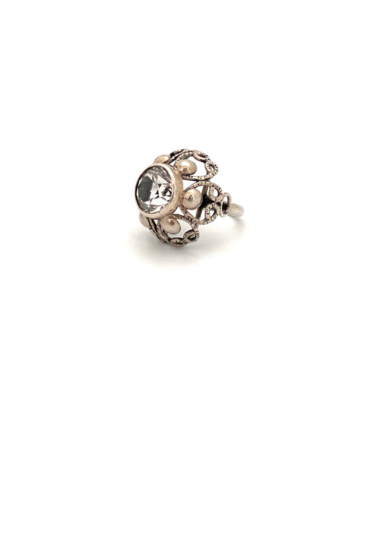 ORNO Poland vintage silver crystal large openwork ring Modernist jewelry design