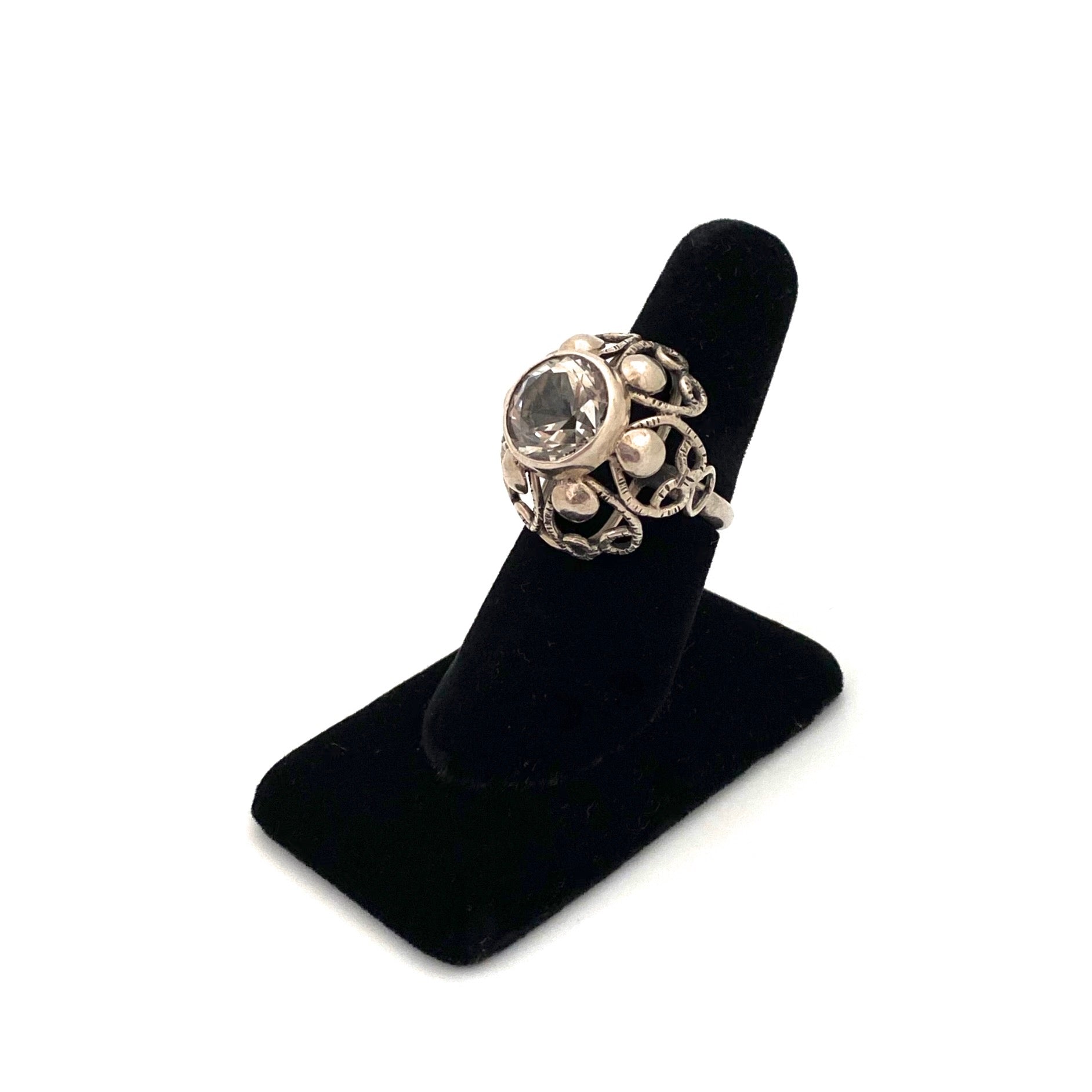 detail ORNO Poland vintage silver crystal large openwork ring Modernist jewelry design