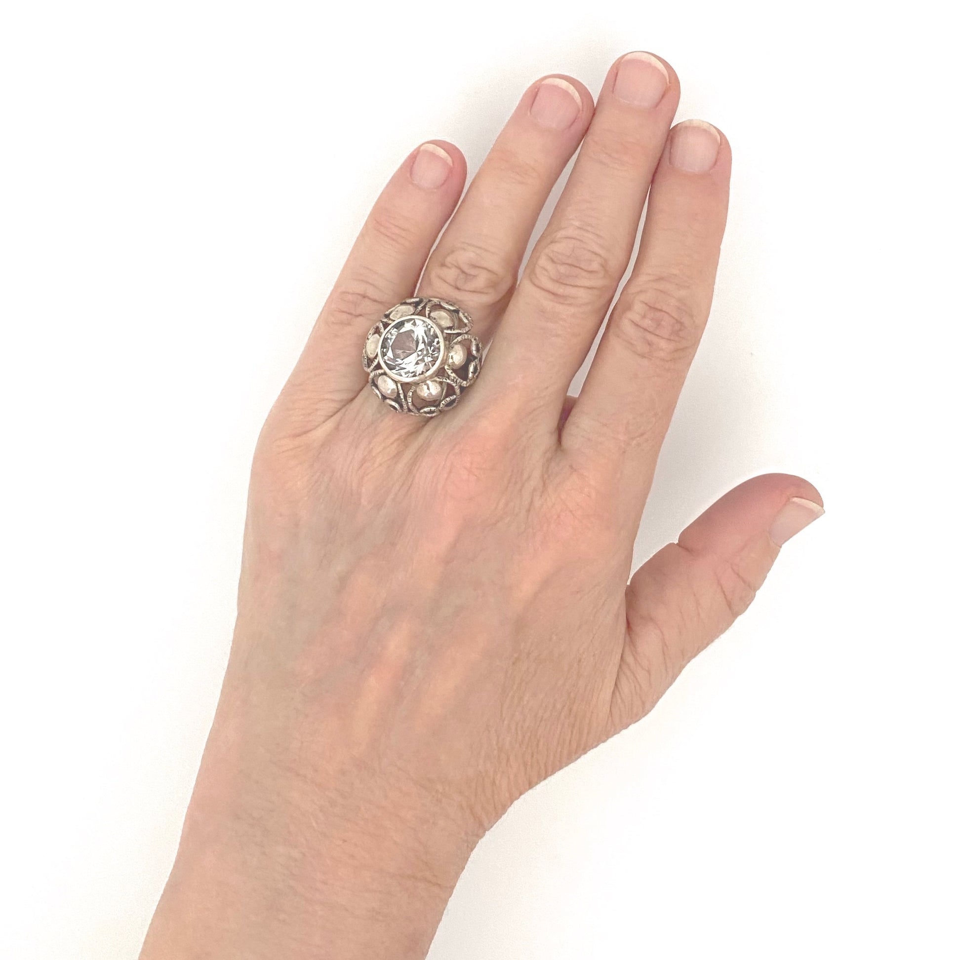 scale ORNO Poland vintage silver crystal large openwork ring Modernist jewelry design