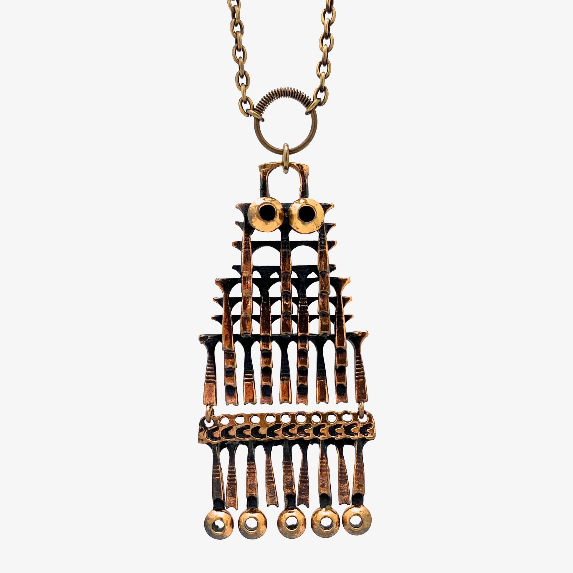 detail Pentti Sarpaneva Finland vintage bronze large kinetic owl pendant necklace Scandinavian Modernist jewelry design