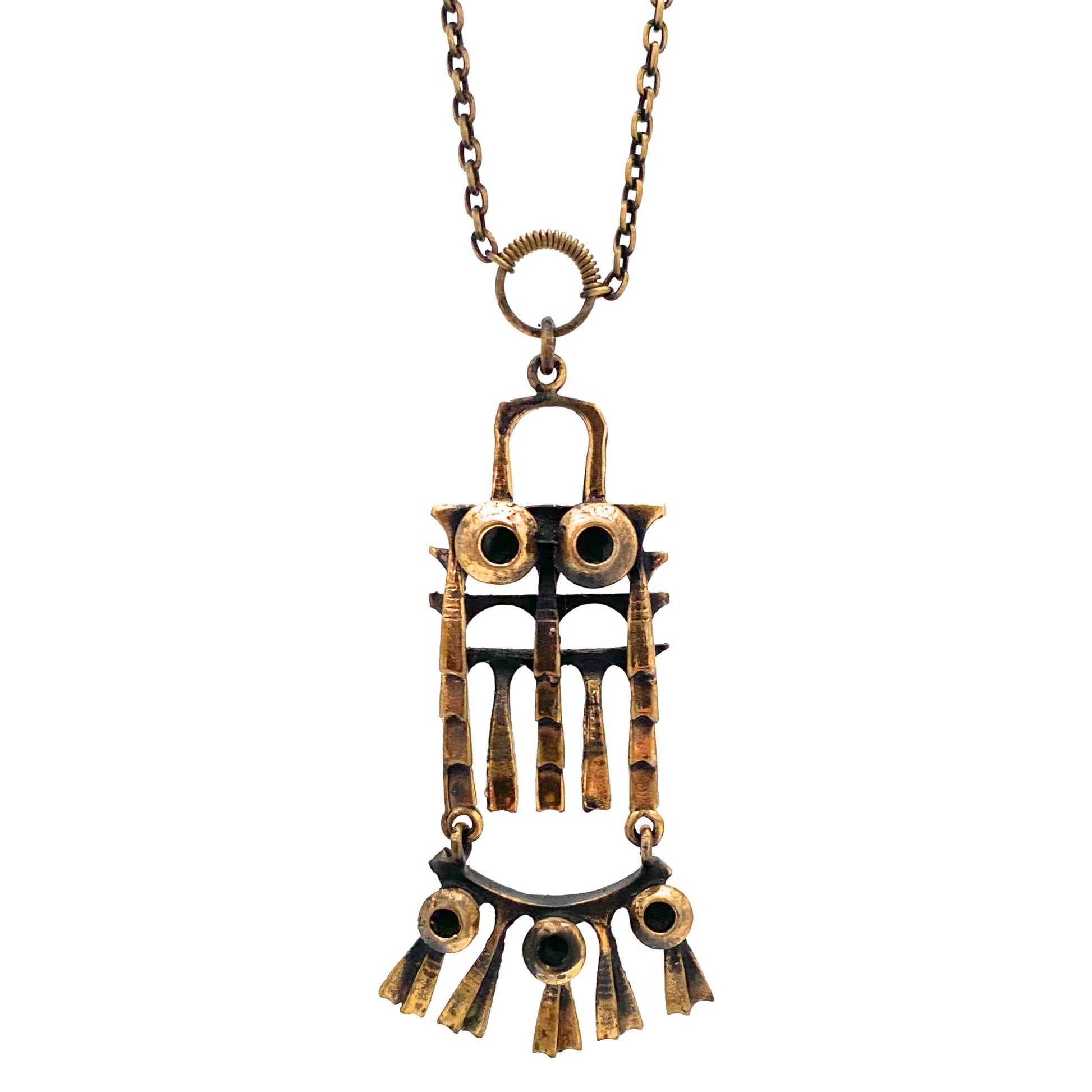 detail Pentti Sarpaneva Finland vintage bronze kinetic owl pendant necklace small Scandinavian Modernist jewelry design