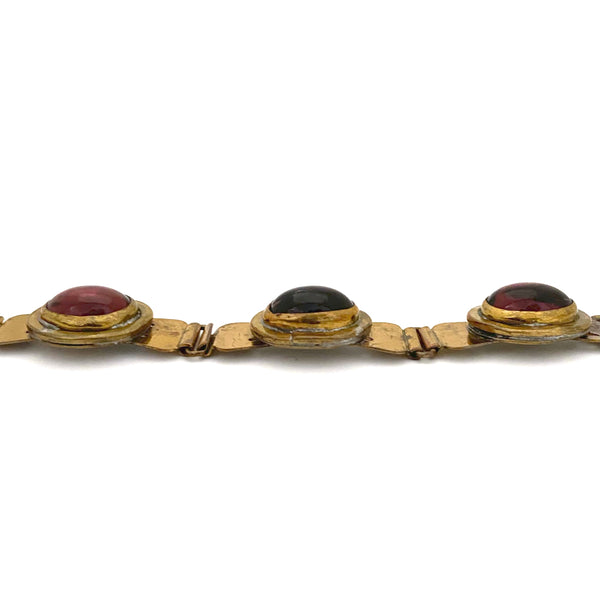 profile Rafael Alfandary Canada vintage brass mirrored purple glass panel link bracelet Canadian Modernist jewelry design