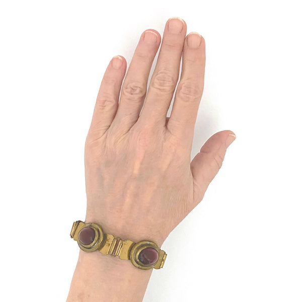 scale Rafael Alfandary Canada vintage brass mirrored purple glass panel link bracelet Canadian Modernist jewelry design