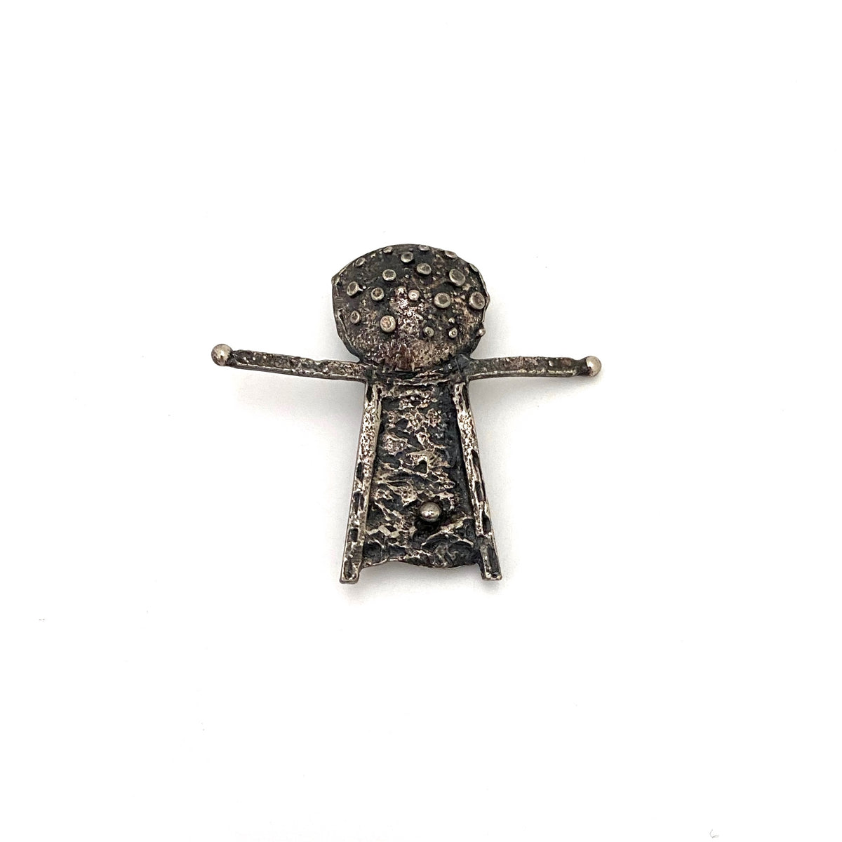 detail Robert Larin Canada vintage brutalist pewter abstract person brooch Canadian Modernist jewelry design