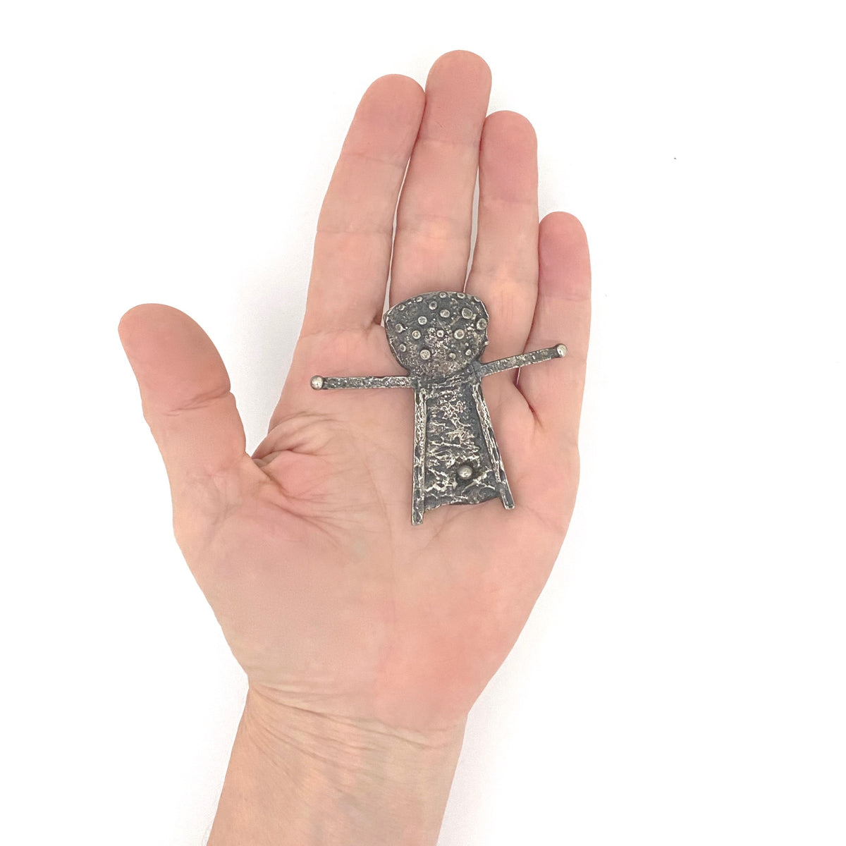 scale Robert Larin Canada vintage brutalist pewter abstract person brooch Canadian Modernist jewelry design