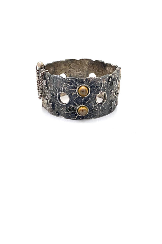 Robert Larin Canada vintage brutalist pewter brass spheres hinged bracelet Canadian Modernist jewelry design