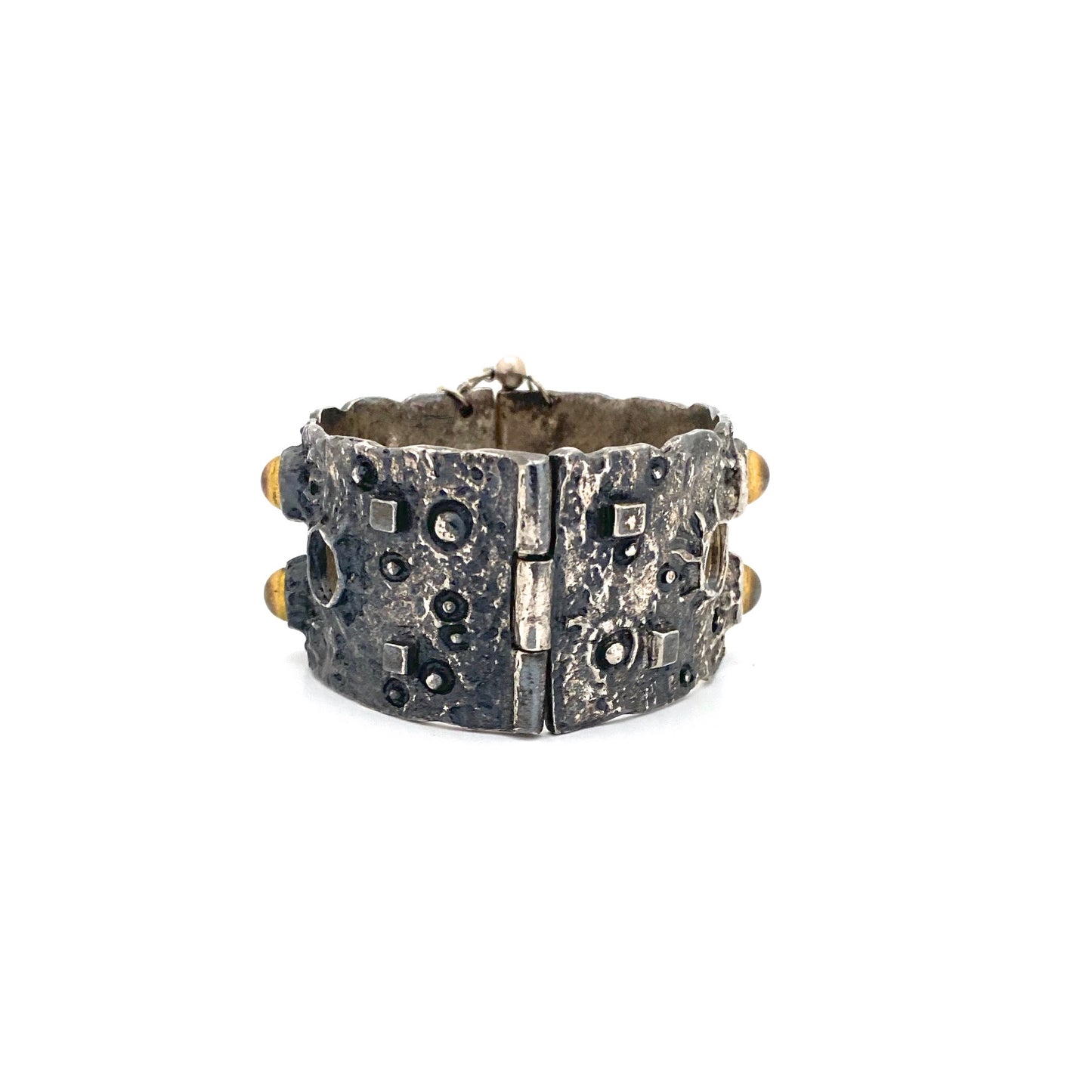 Robert Larin brutalist pewter hinged bracelet with brass spheres