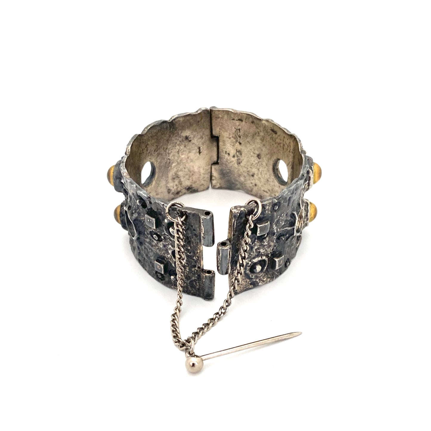 Robert Larin brutalist pewter hinged bracelet with brass spheres