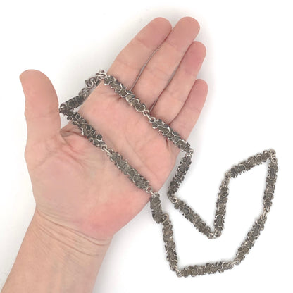 scale Robert Larin Canada vintage brutalist pewter long link chain double sided Canadian Modernist jewelry design.