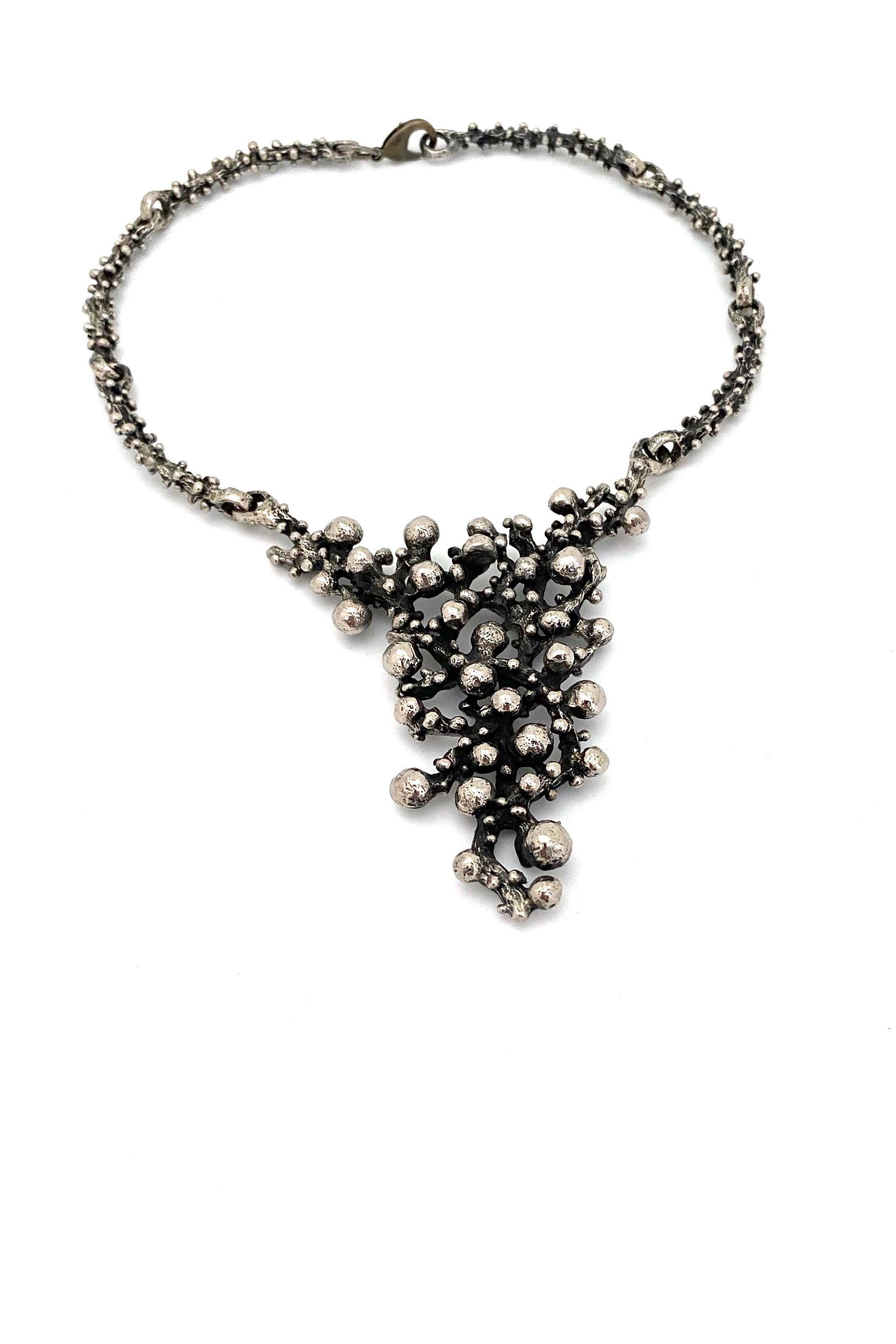 Robert Larin Canada vintage brutalist pewter openwork large bib necklace Canadian Modernist jewelry design