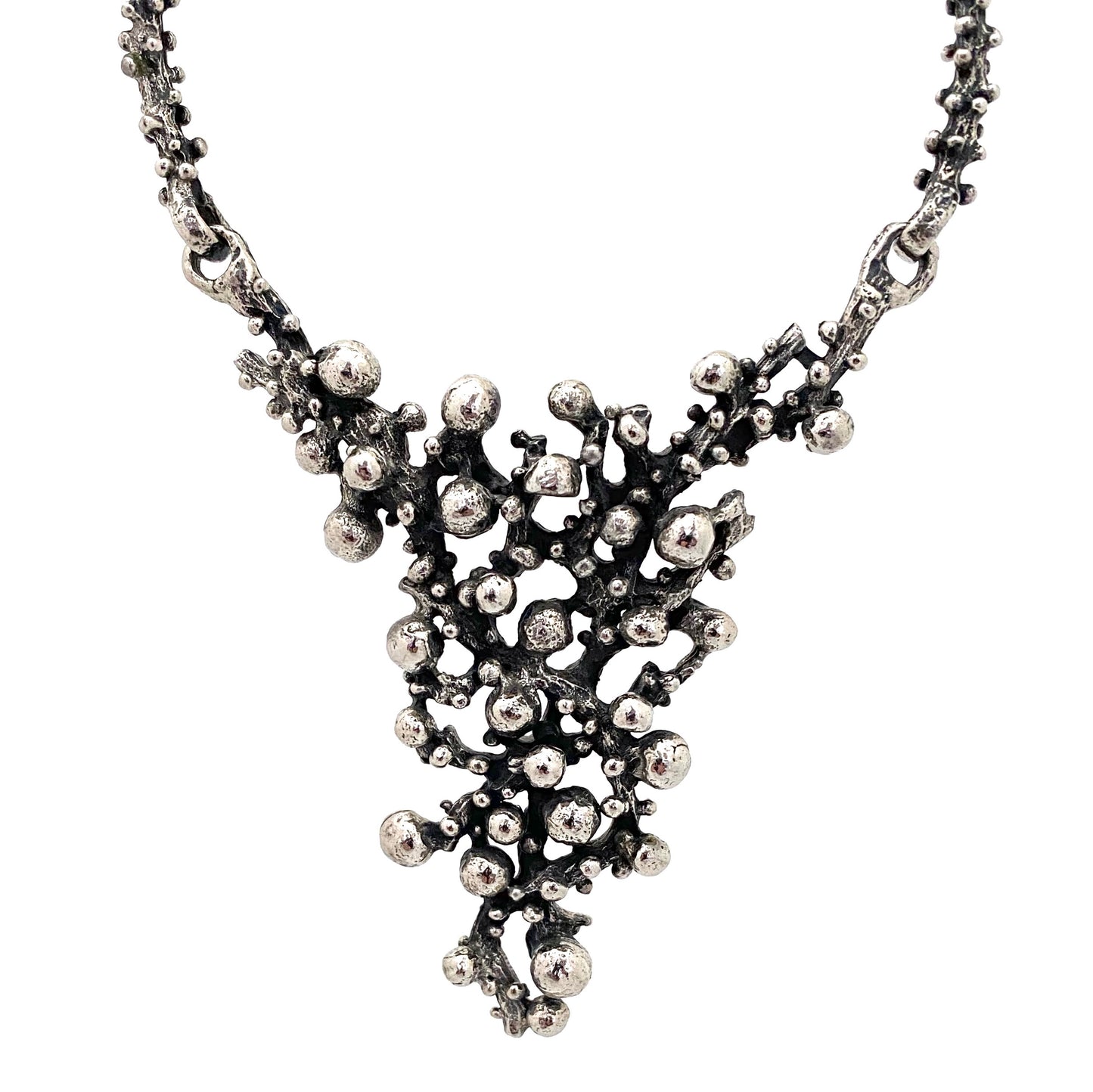 detail Robert Larin Canada vintage brutalist pewter openwork large bib necklace Canadian Modernist jewelry design