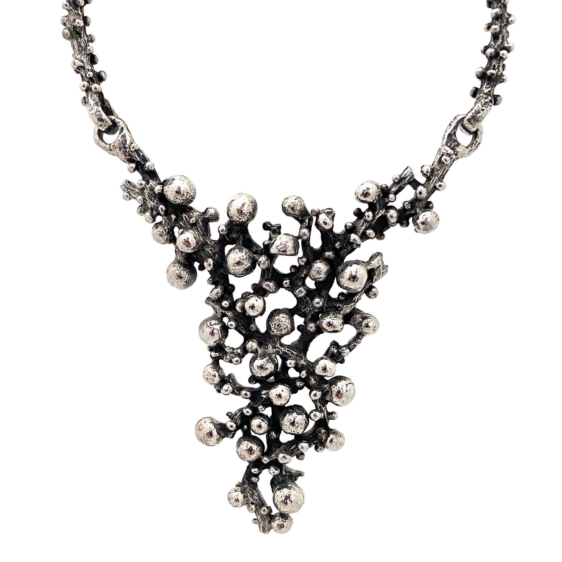 detail Robert Larin Canada vintage brutalist pewter openwork large bib necklace Canadian Modernist jewelry design