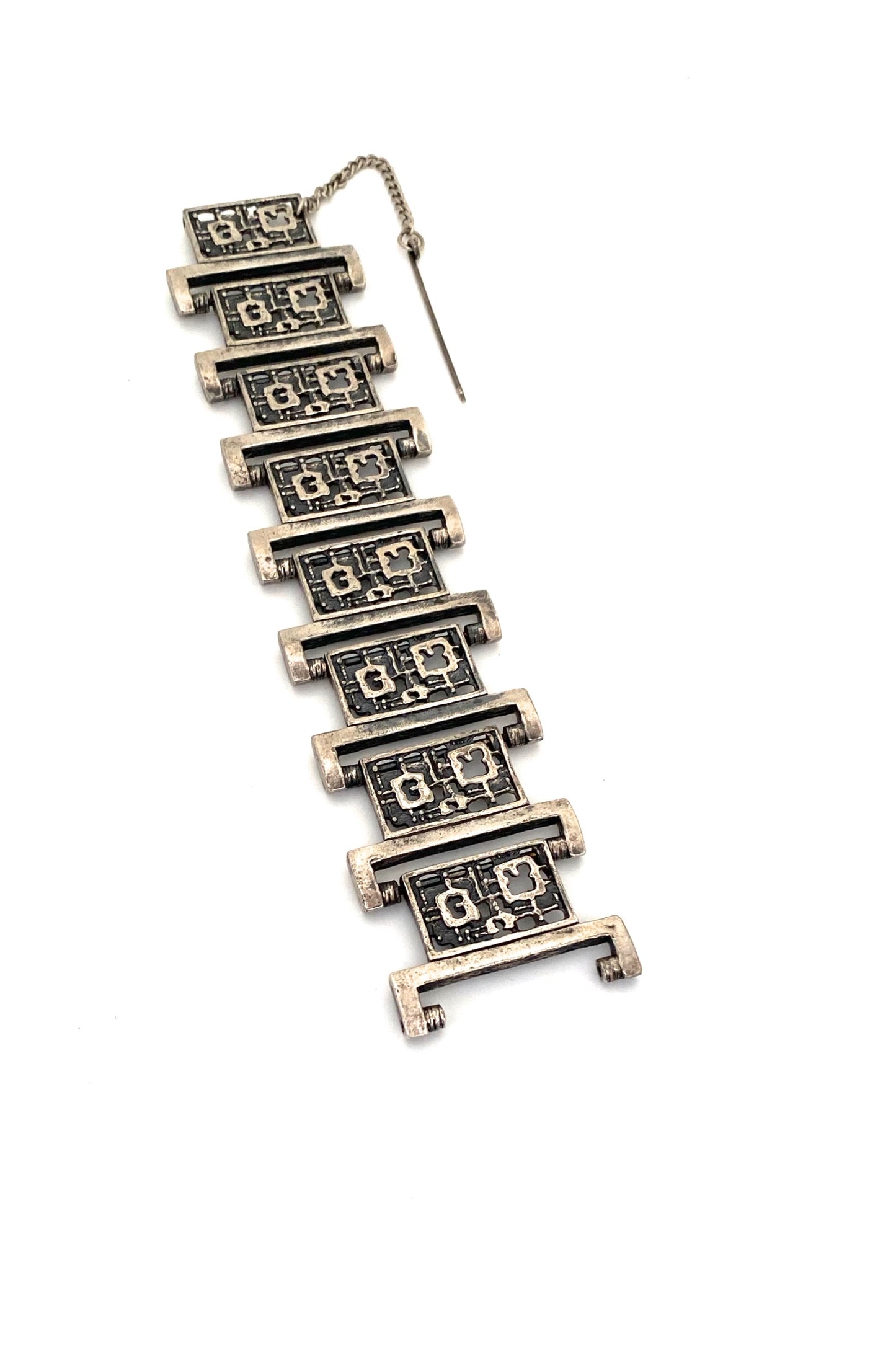 Robert Larin Canada vintage brutalist pewter wide panel link bracelet Canadian Modernist jewelry design
