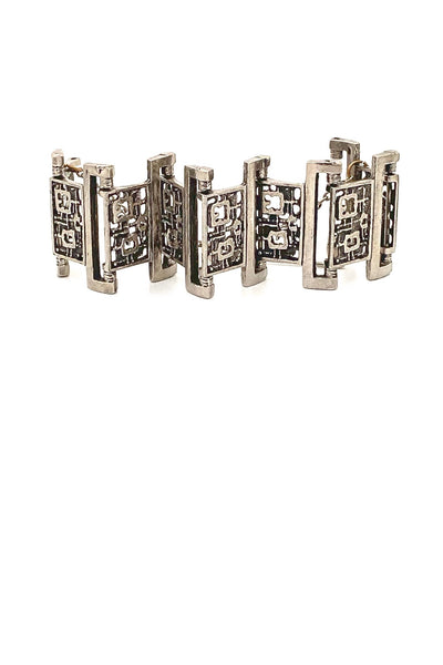 Robert Larin Canada vintage brutalist pewter openwork panel link bracelet Canadian Modernist jewelry design
