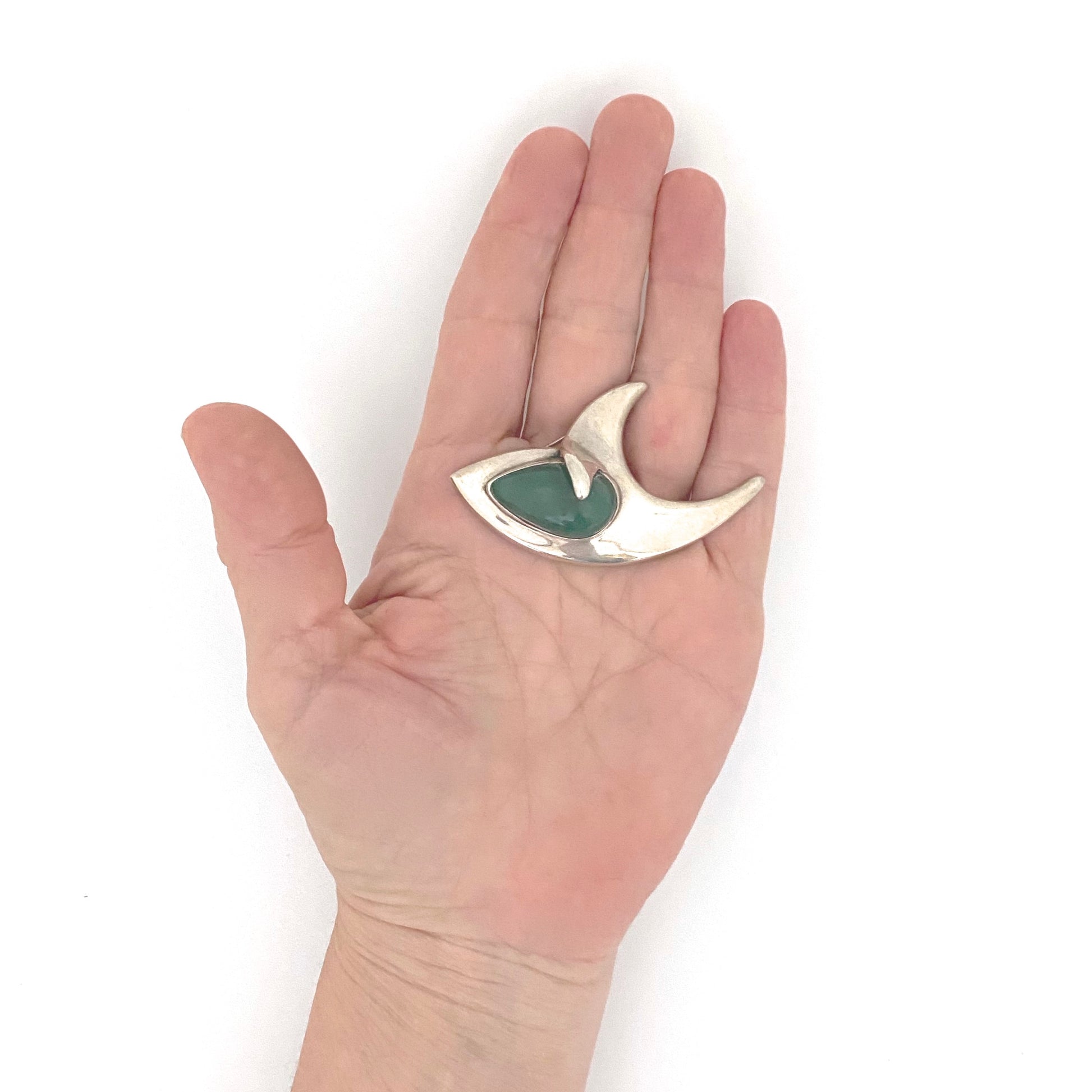 scale Sigi Pineda Taxco Mexico vintage silver aventurine chunky brooch Modernist jewelry design