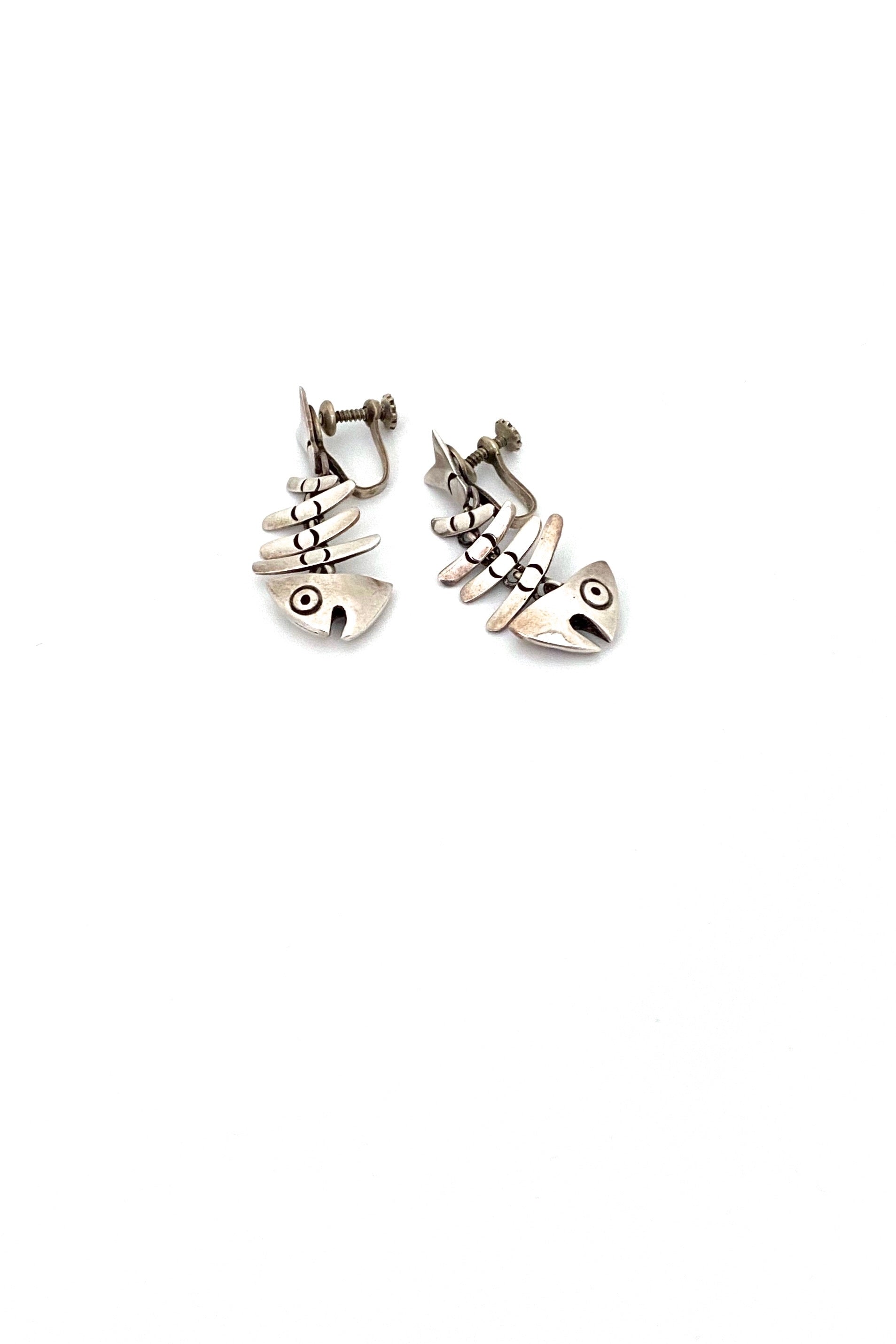 Taxco Mexico vintage kinetic silver fish skeleton earrings after Antonio Pineda design
