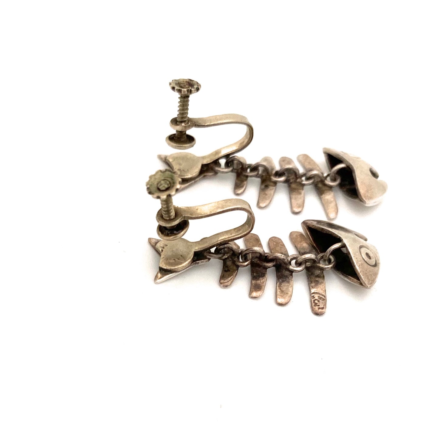 Taxco kinetic silver fish skeleton earrings