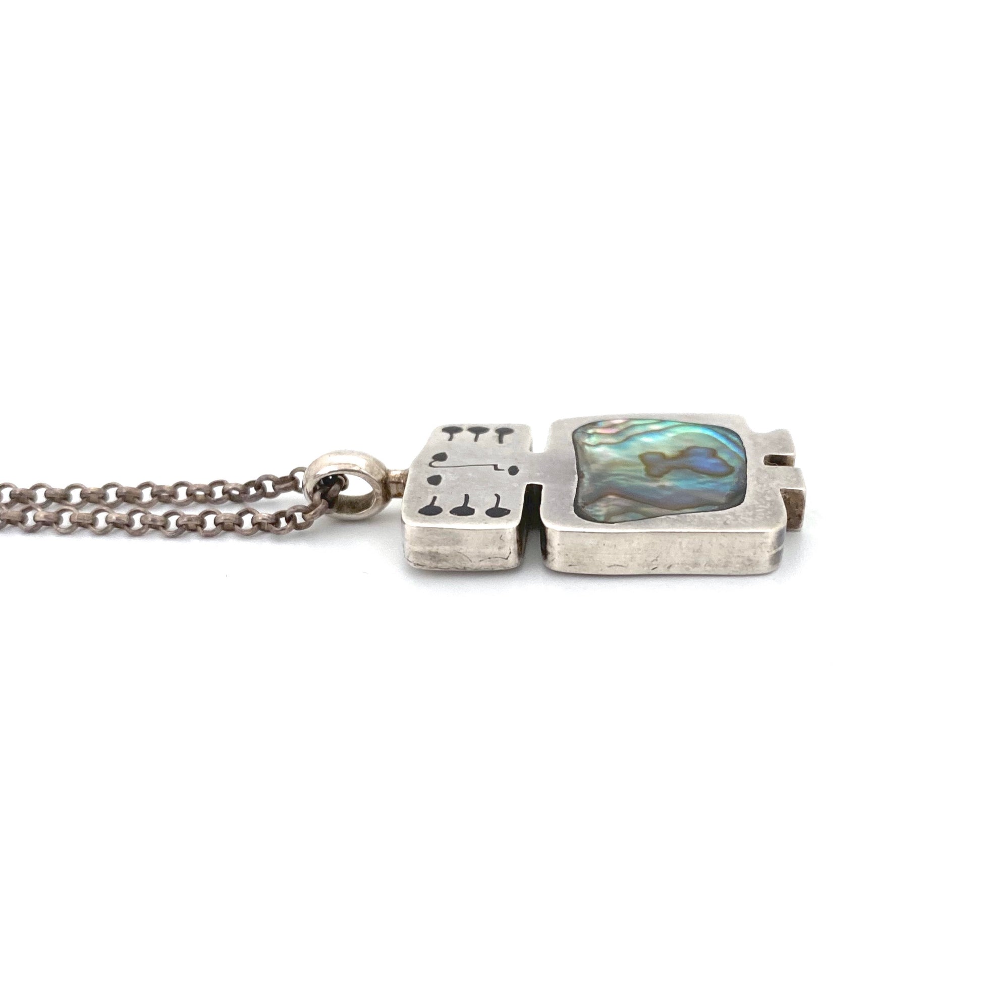 profile Walter Schluep Canada vintage heavy silver enamel abalone person pendant necklace 1980 Canadian Modernist jewelry design