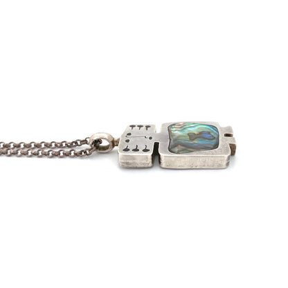 profile Walter Schluep Canada vintage heavy silver enamel abalone person pendant necklace 1980 Canadian Modernist jewelry design