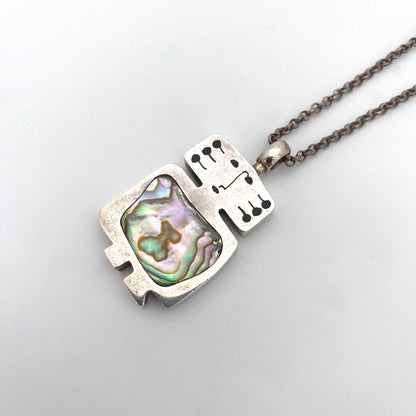 Walter Schluep silver, enamel & abalone person pendant necklace ~ 1980