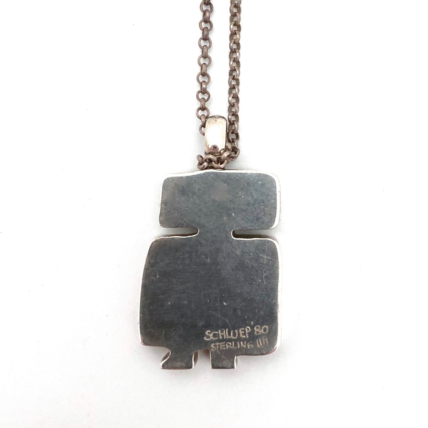 Walter Schluep silver, enamel & abalone person pendant necklace ~ 1980