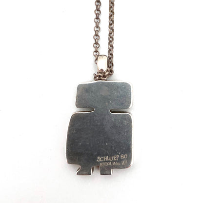 Walter Schluep silver, enamel & abalone person pendant necklace ~ 1980