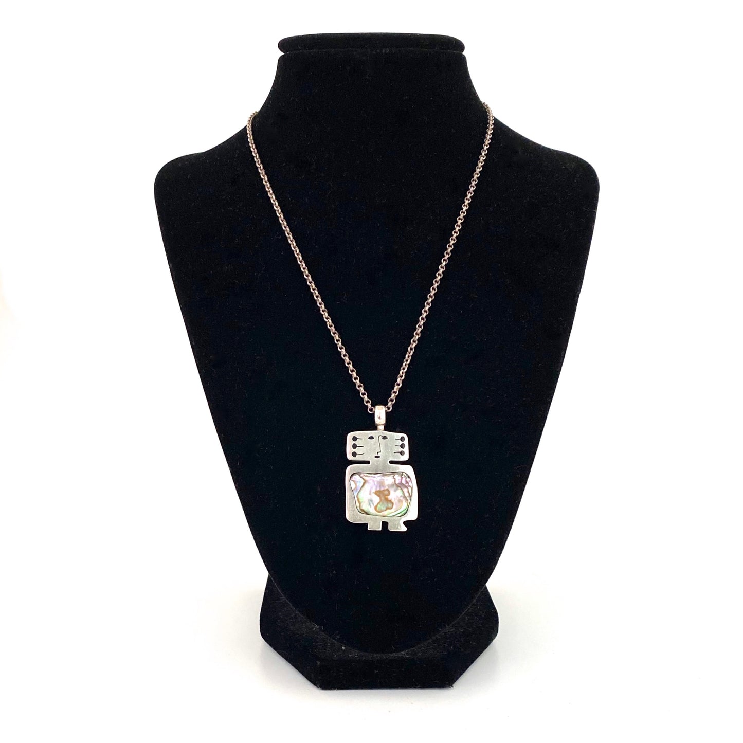 Walter Schluep silver, enamel & abalone person pendant necklace ~ 1980