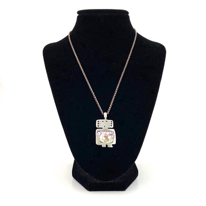 Walter Schluep silver, enamel & abalone person pendant necklace ~ 1980