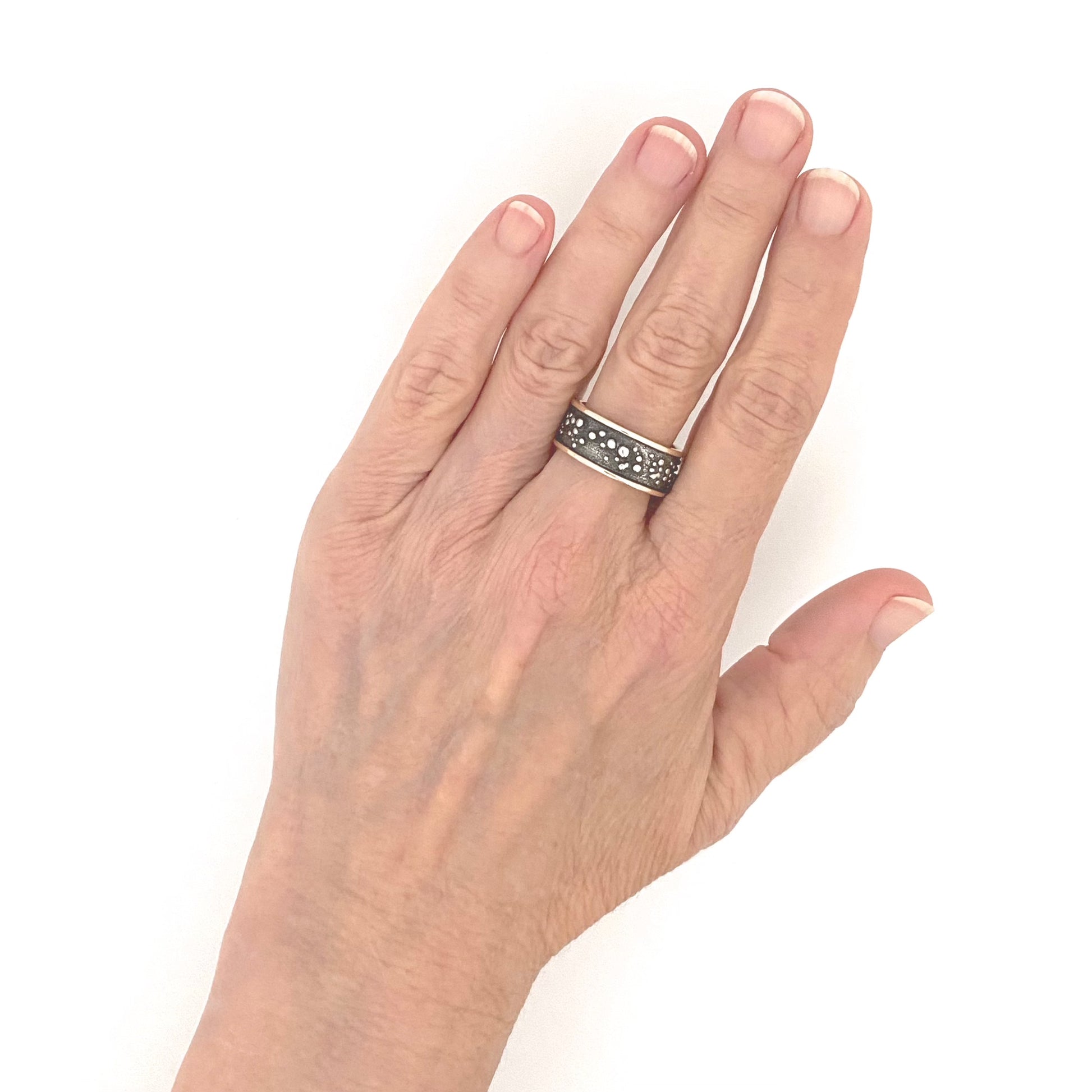 scale Walter Shluep Canada vintage silver 14k gold textured band ring Canadian Modernist jewelry design