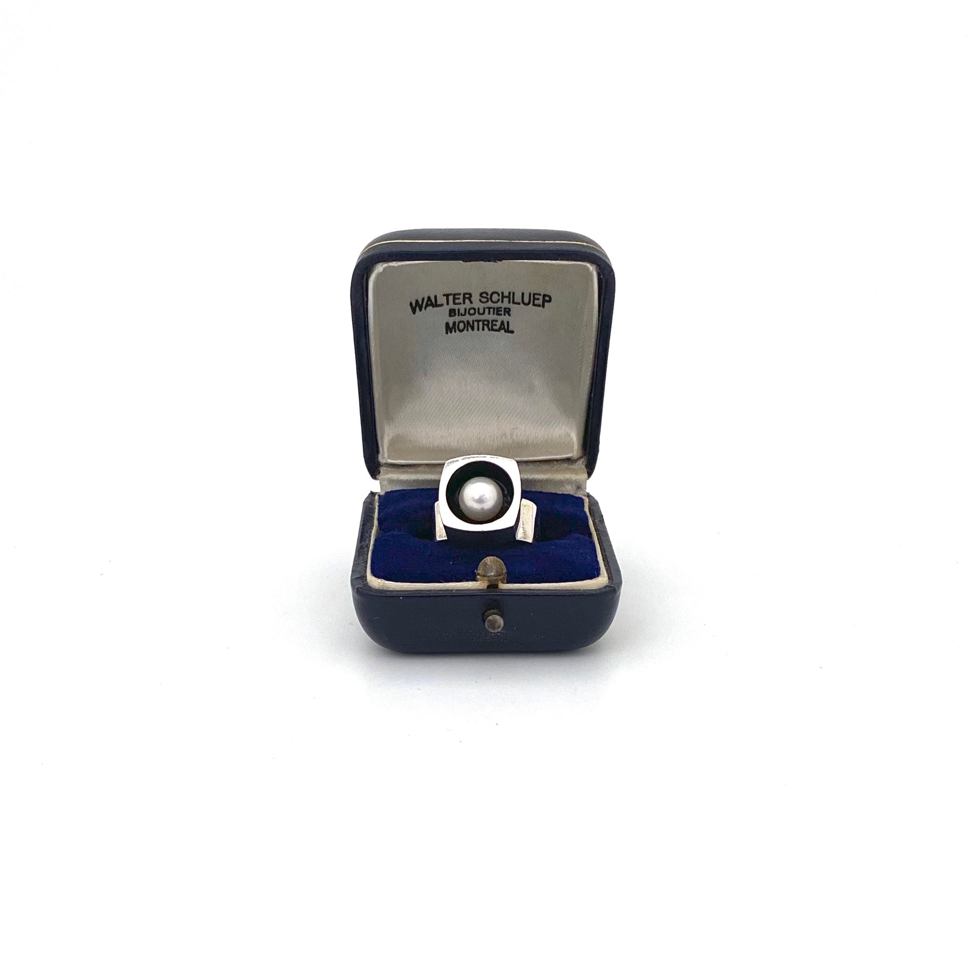 original box Walter Schluep Canada vintage silver and pearl ring with original box Canadian Modernist jewelry designx