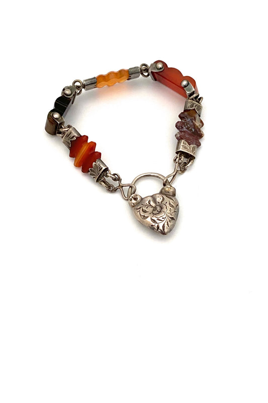 antique Scottish silver carved agate bracelet heart shaped lock catch