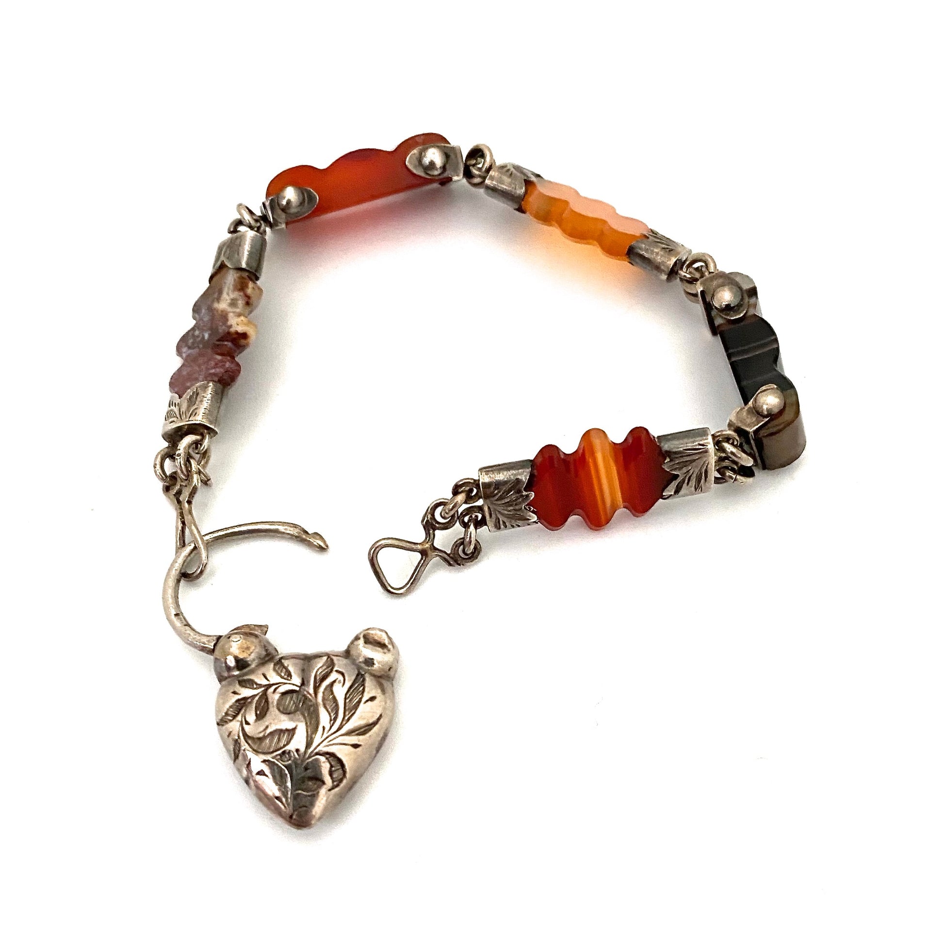 catch antique Scottish silver carved agate bracelet heart shaped lock catch