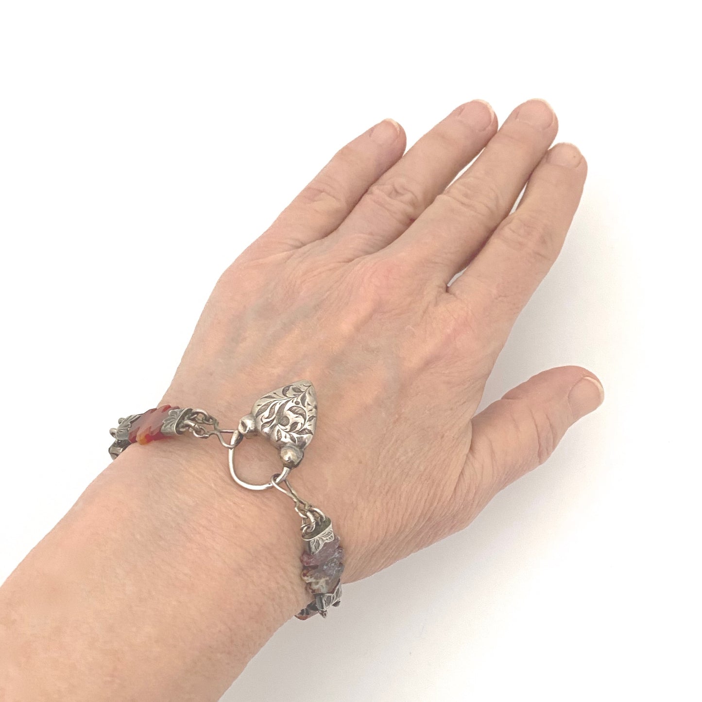 scale antique Scottish silver carved agate bracelet heart shaped lock catch