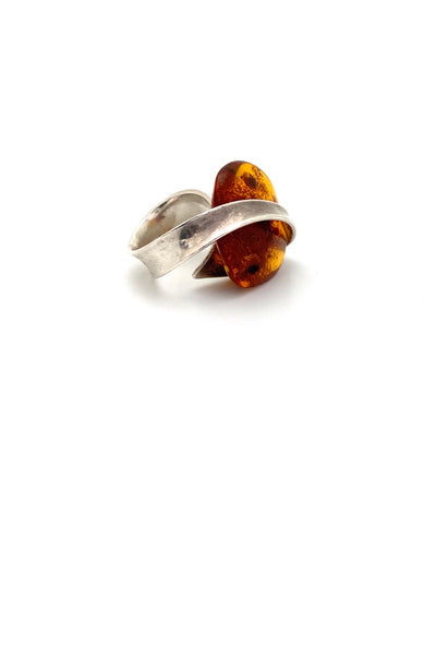 large vintage silver amber ring unknown maker Modernist jewelry design