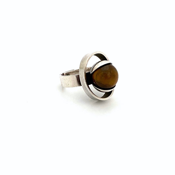 detail Elis Kauppi Kupittaan Kulta Finland vintage silver tiger eye sphere ring Scandinavian Modernist jewelry design