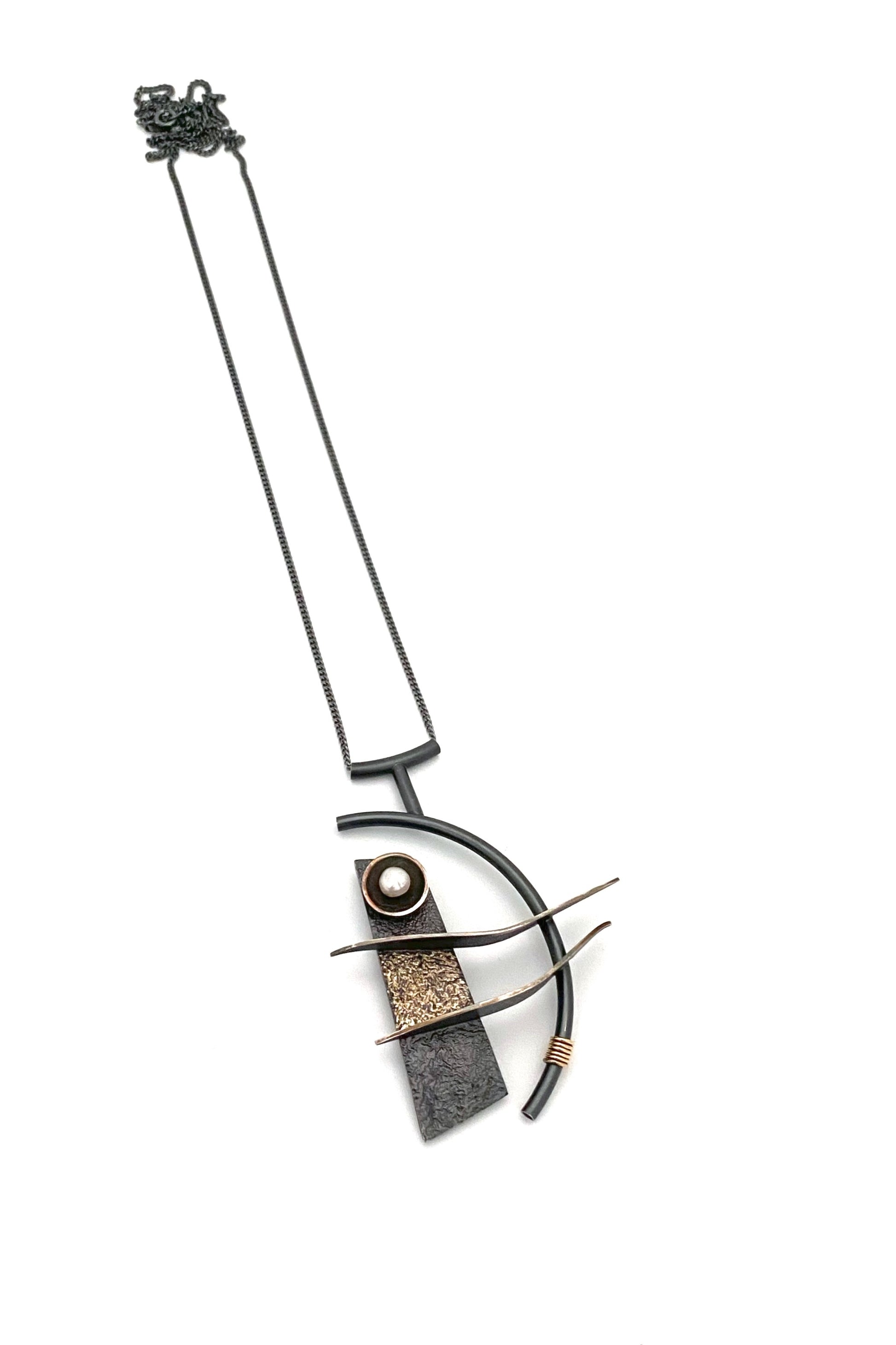 Michel de Bellefeuille Canada large blackened silver 14k gold pearl pendant necklace Modernist jewelry design