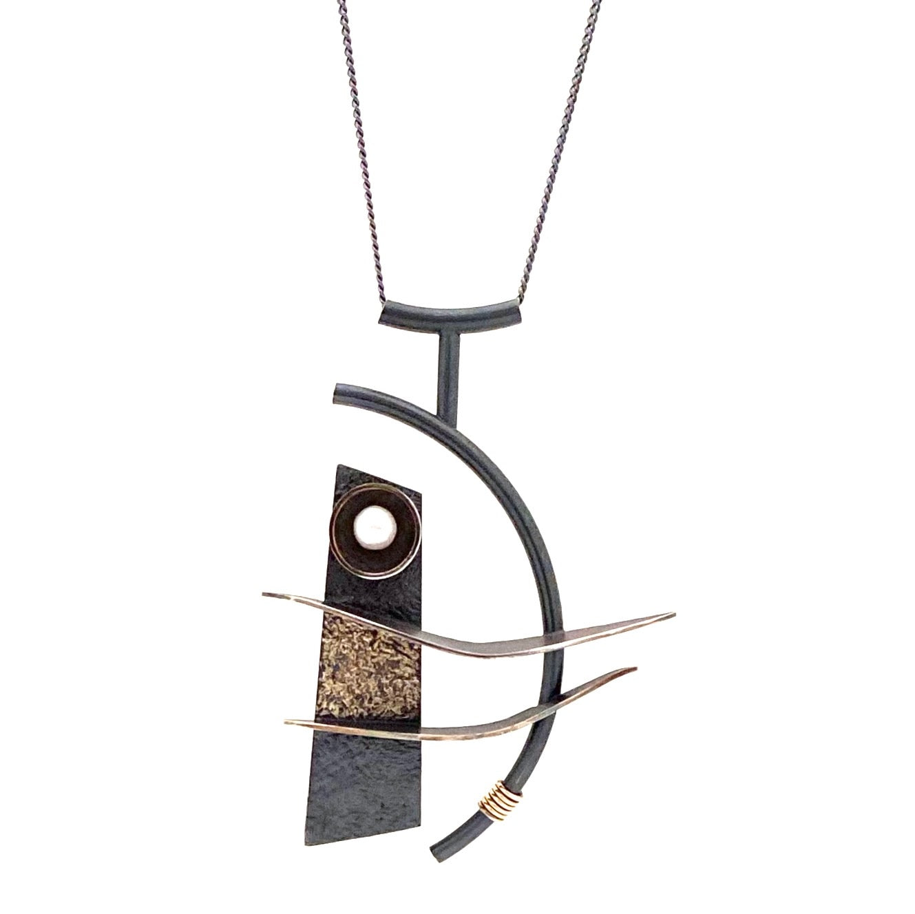 detail Michel de Bellefeuille Canada large blackened silver 14k gold pearl pendant necklace Modernist jewelry design