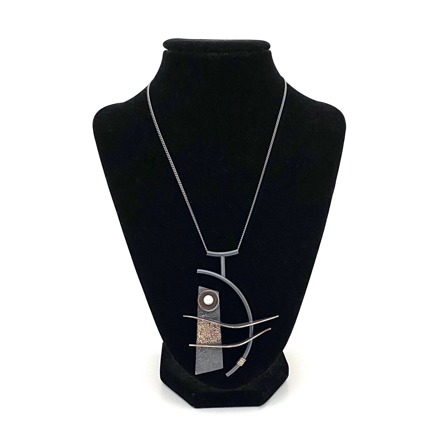 Michel de Bellefeuille large blackened silver pendant necklace ~ 14k gold & pearl
