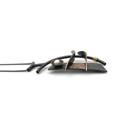 profile Michel de Bellefeuille Canada large blackened silver 14k gold pearl pendant necklace Modernist jewelry design