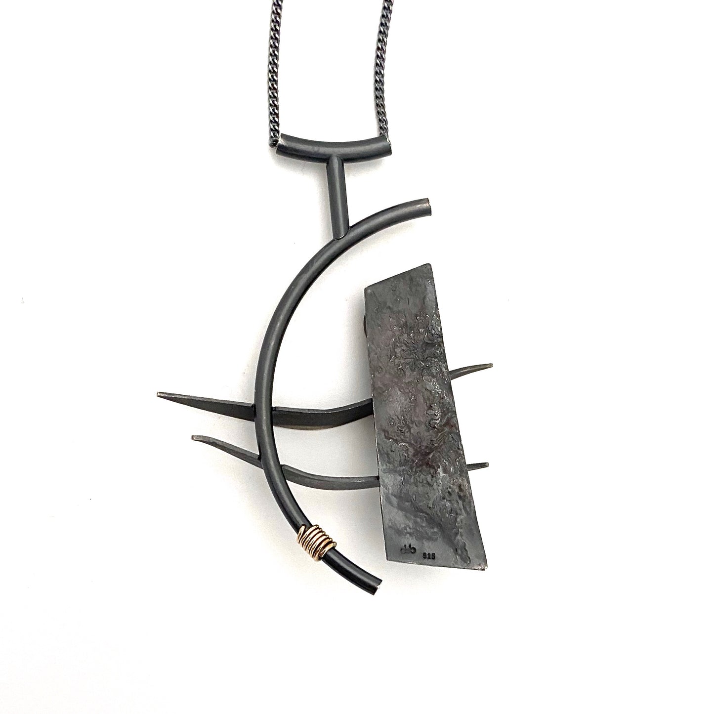 Michel de Bellefeuille large blackened silver pendant necklace ~ 14k gold & pearl