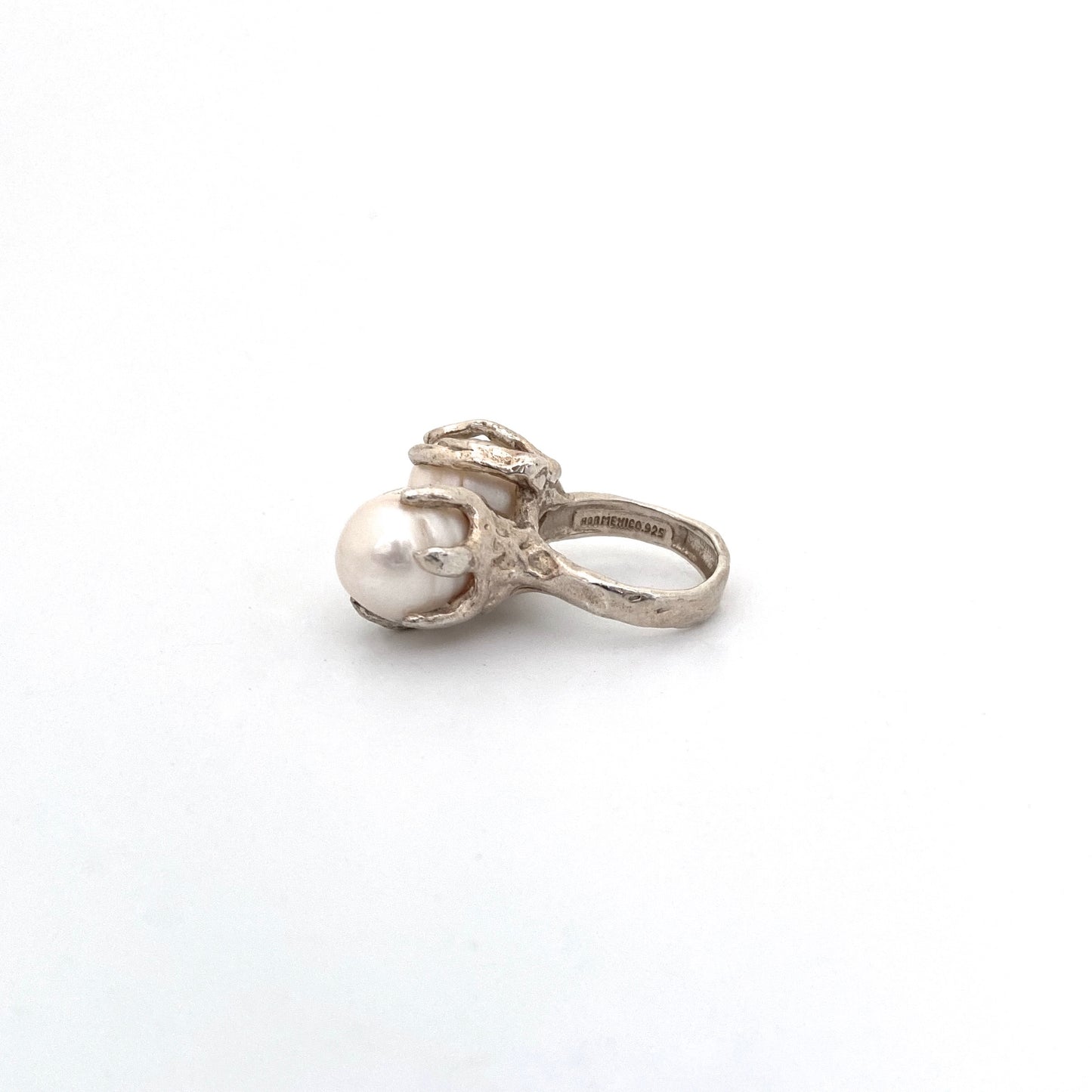 large brutalist silver & natural pearls ring