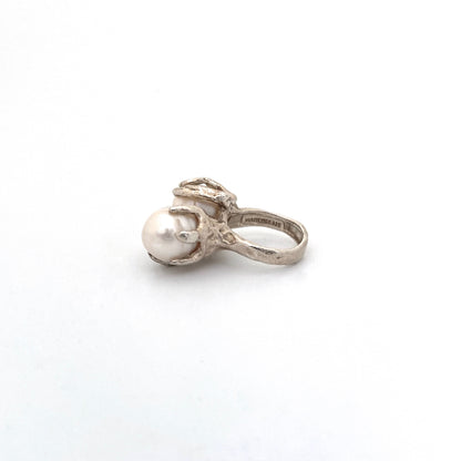 large brutalist silver & natural pearls ring
