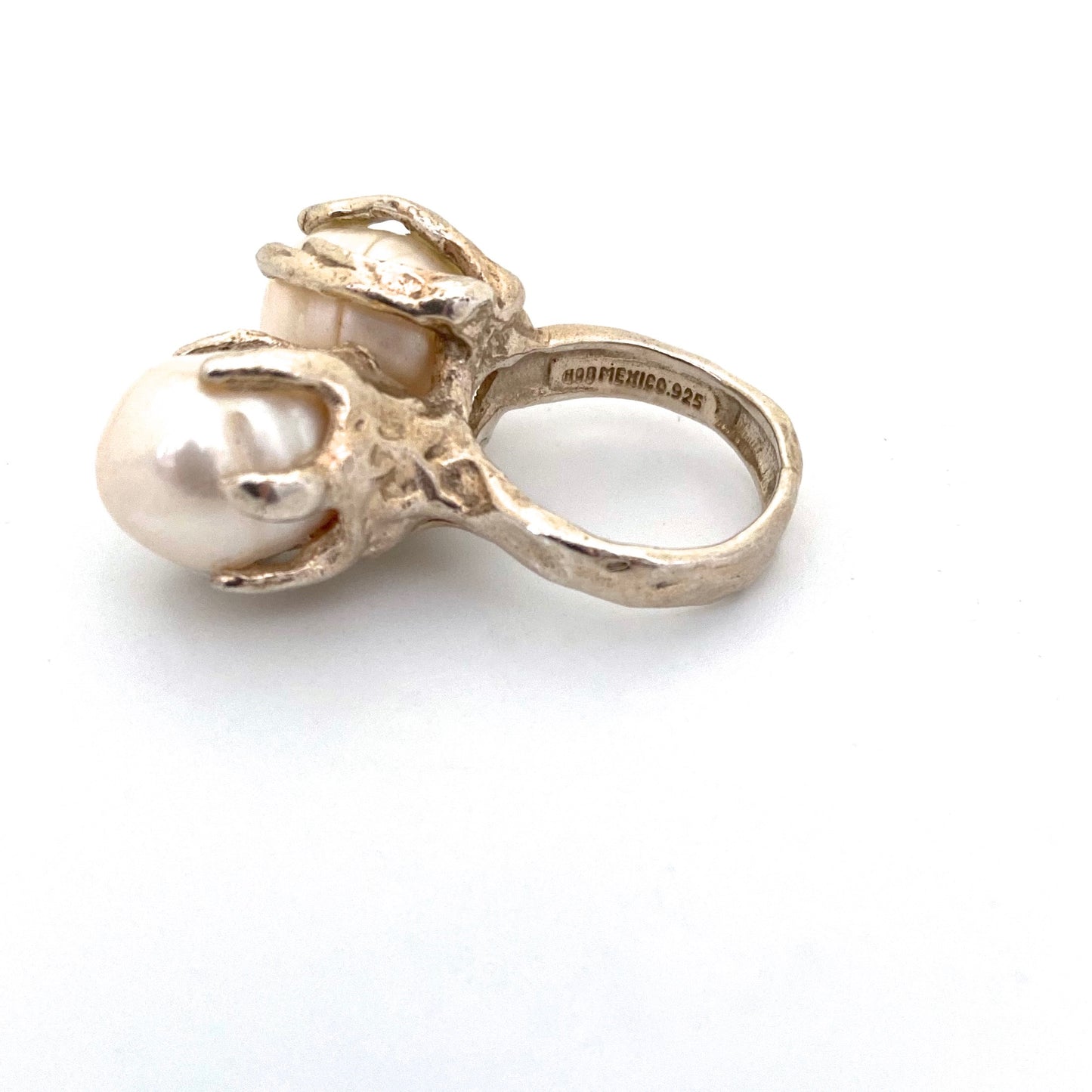 large brutalist silver & natural pearls ring