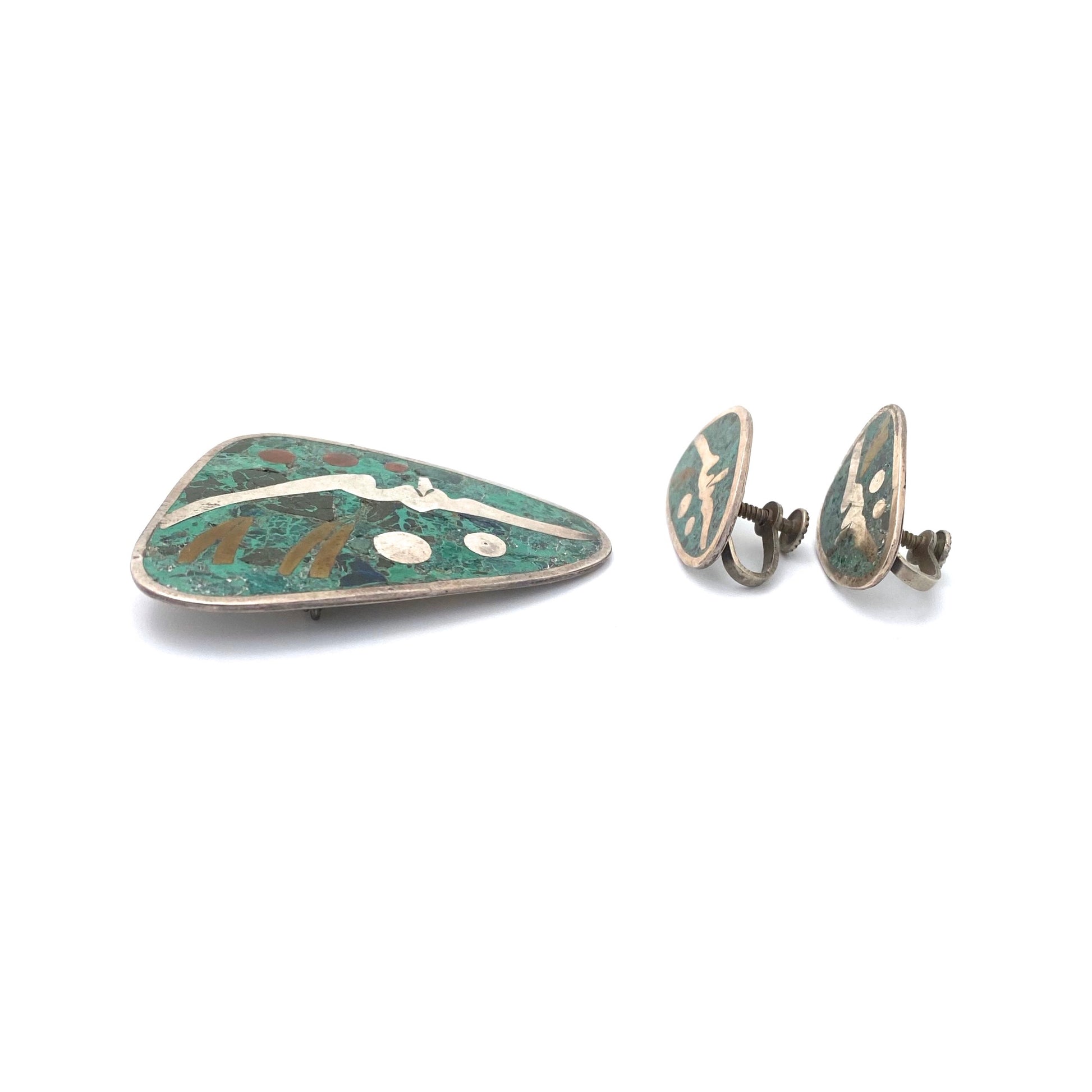 profile vintage Taxco Mexico silver and mosaico azteca face brooch earrings set