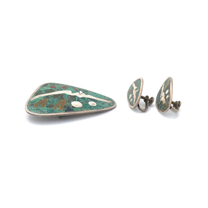 profile vintage Taxco Mexico silver and mosaico azteca face brooch earrings set