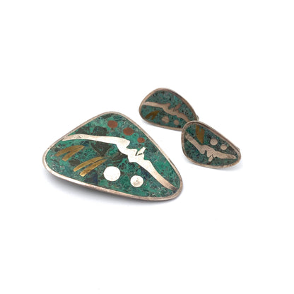 detail vintage Taxco Mexico silver and mosaico azteca face brooch earrings set