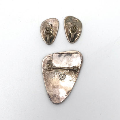 silver & mosaico azteca face brooch & earrings set ~ Taxco