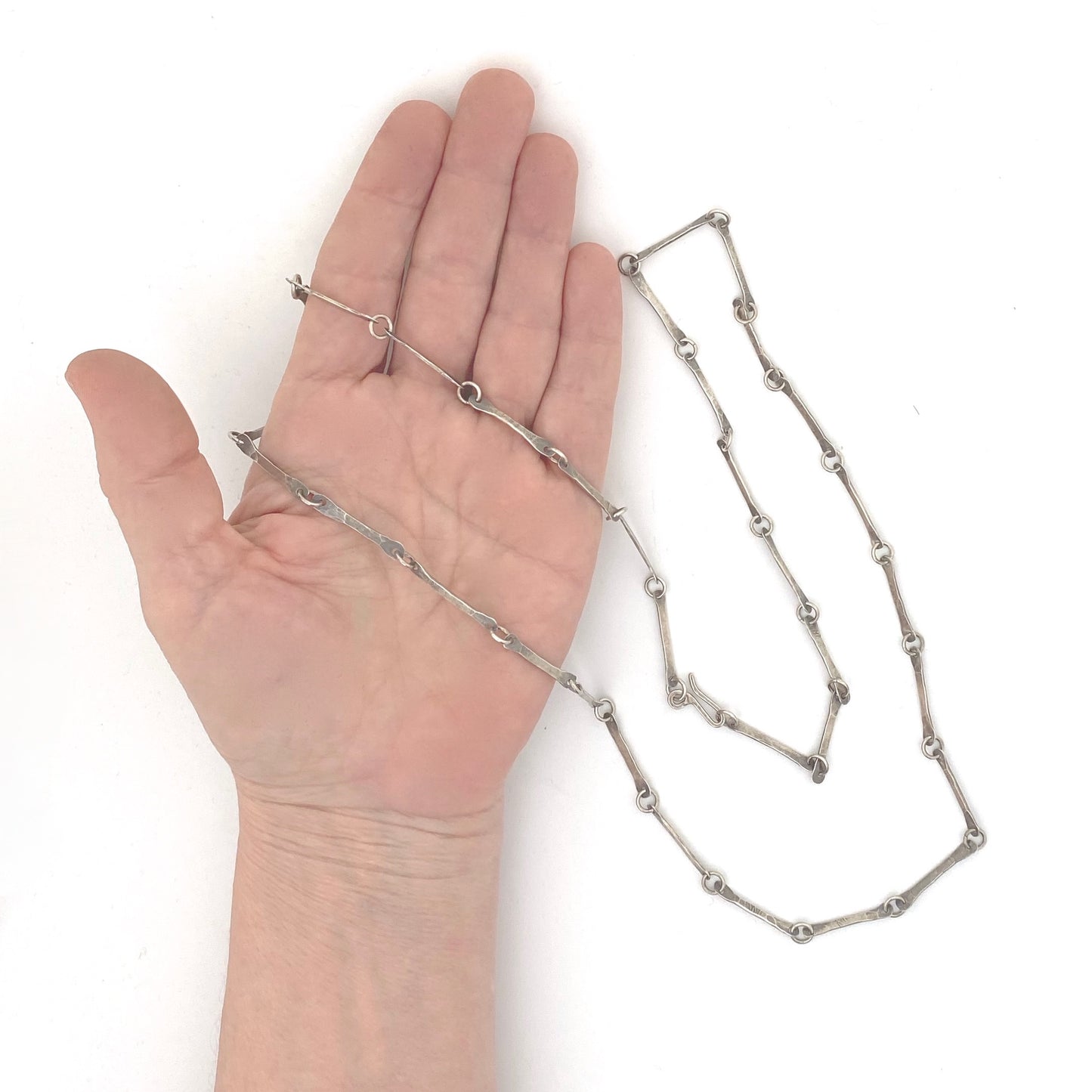 scale vintage hammered silver long link chain necklace Modernist jewelry design