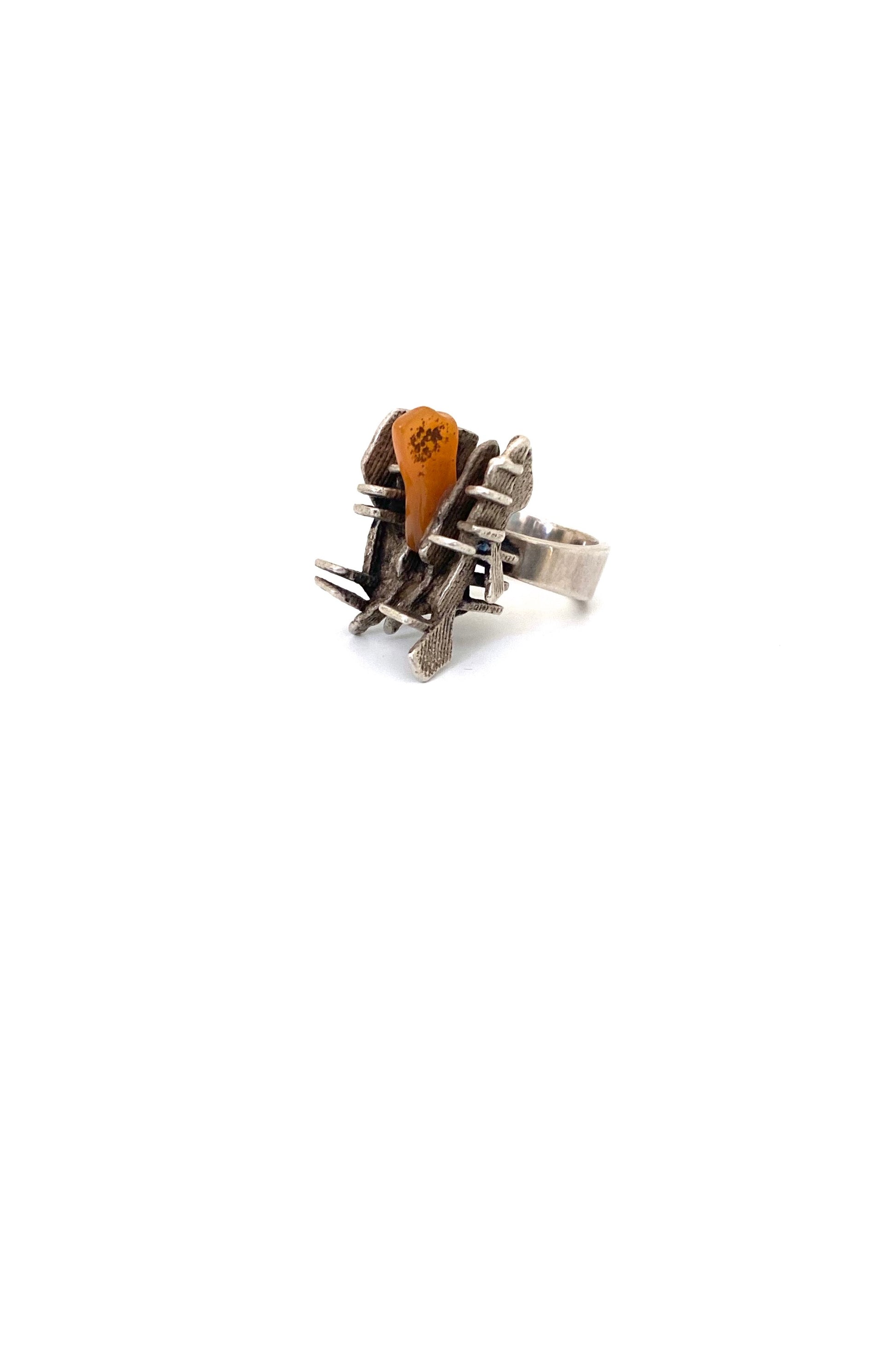 large vintage silver agate brutalist ring Switzerland Modernist jewelry design