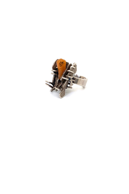large vintage silver agate brutalist ring Switzerland Modernist jewelry design